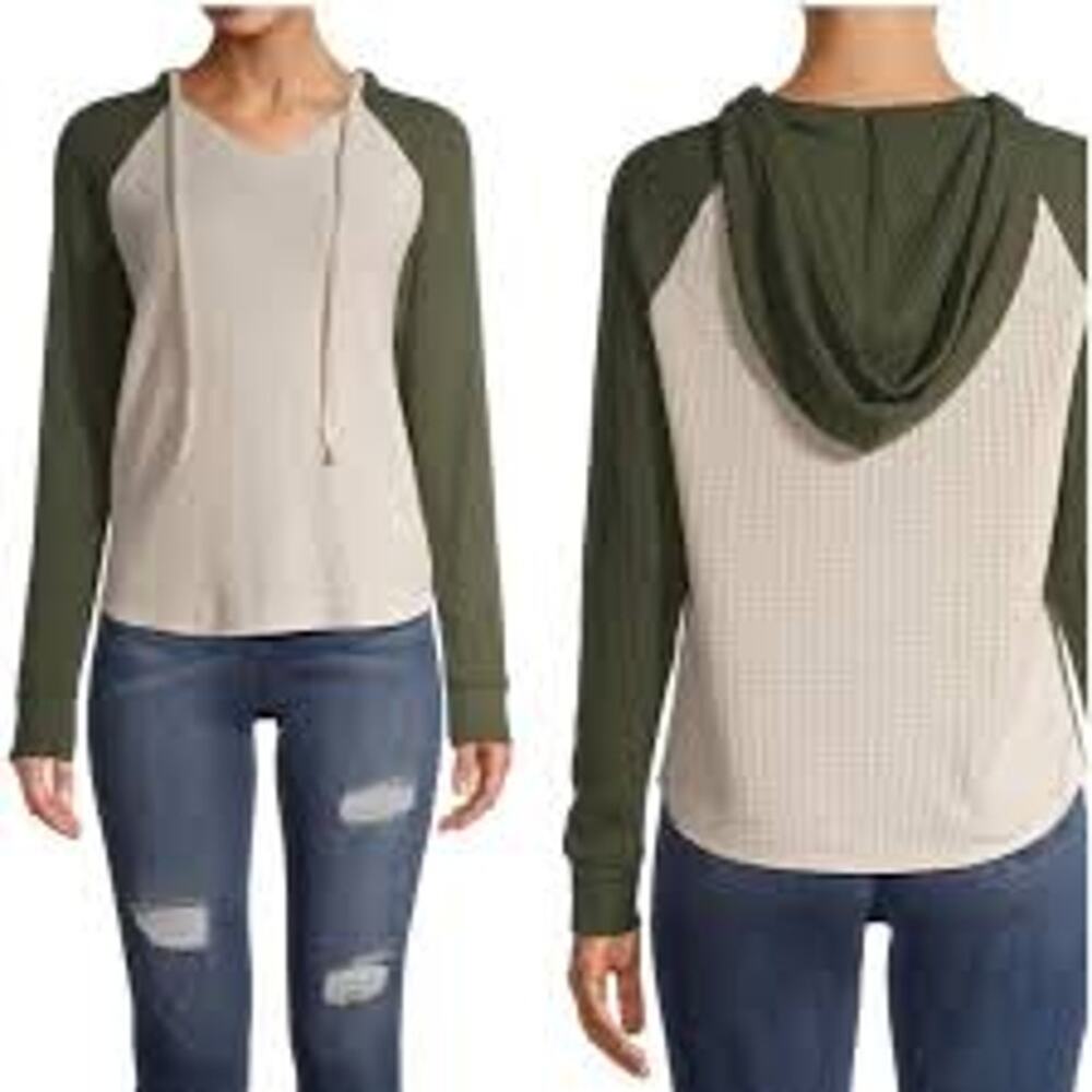 No Boundaries Cream Green Waffle Knit Thermal Pullover Hoodie Junior's XXL 19